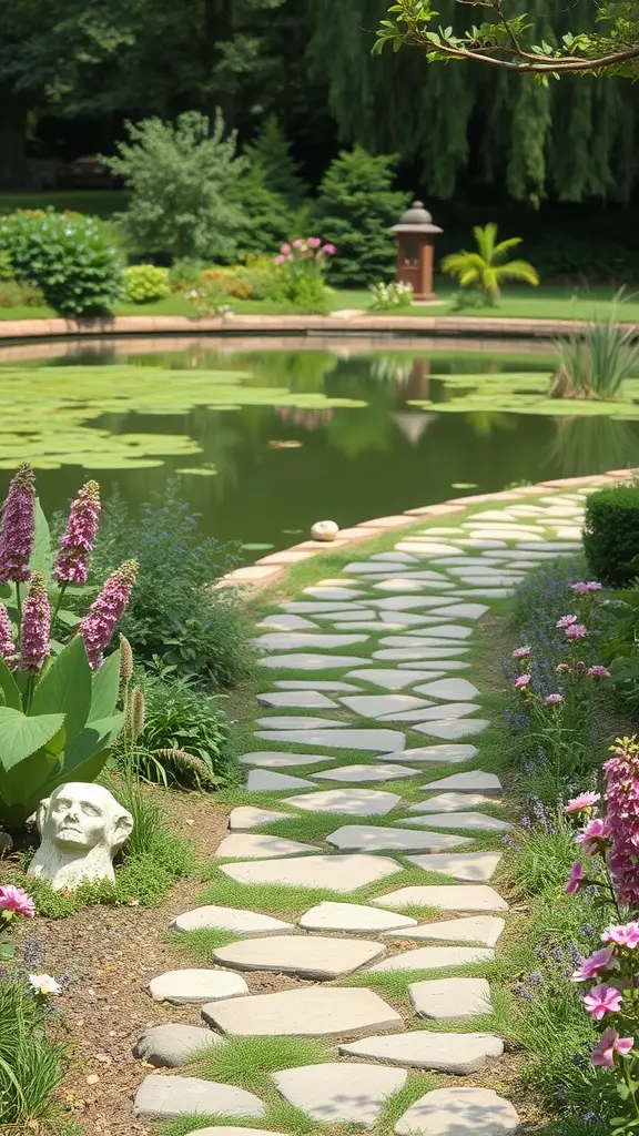 21 Stunning Pond Landscaping Ideas to Transform Your Backyard 8 A stone pathway leading to a pond, surrounded by flowers and greenery.