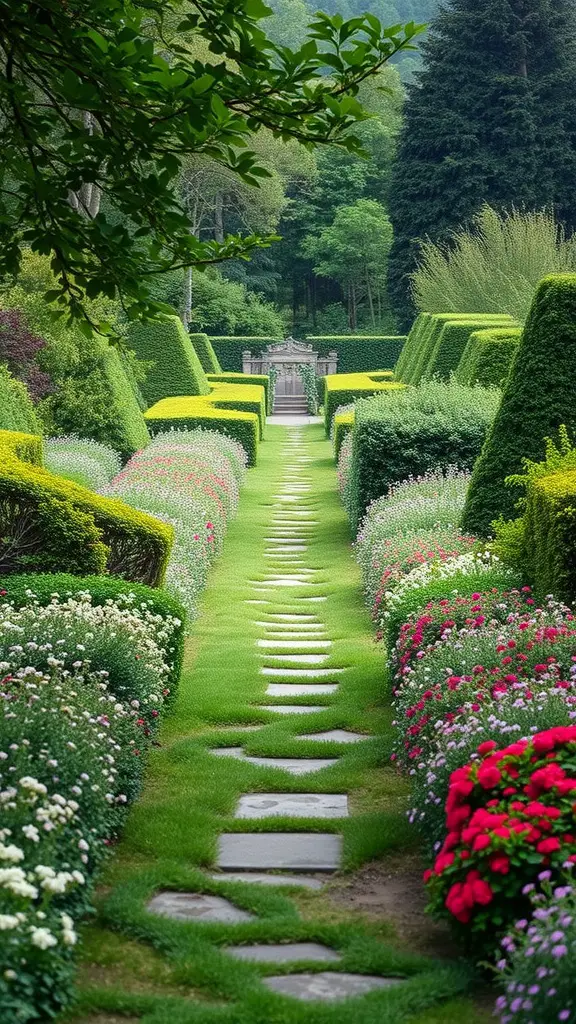 15 Stunning French Garden Ideas to Transform Your Outdoor Space 17 A picturesque garden pathway lined with colorful flowers and trimmed hedges, leading to a decorative archway.