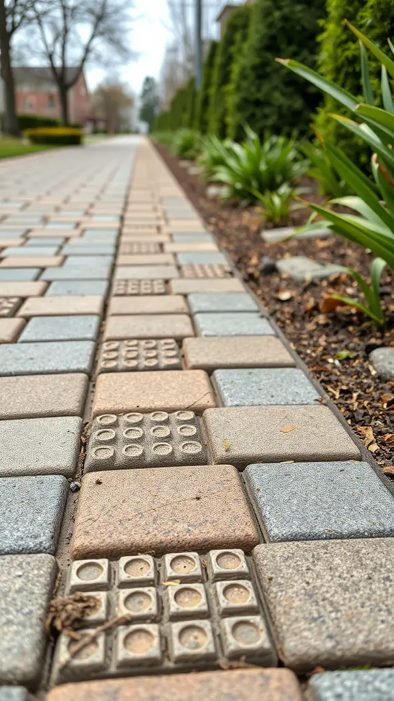 19 Stunning Paver Pathway Ideas to Transform Your Garden 8 A close-up view of a paver pathway with mixed colors and textures, bordered by greenery.