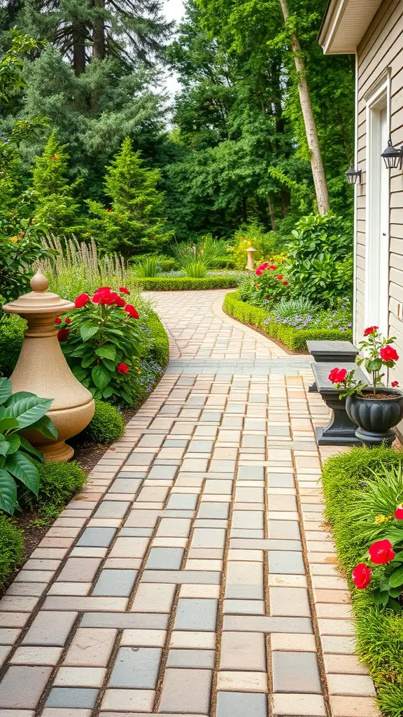 29 Stunning Outdoor Paver Patio Ideas to Transform Your Backyard 12 A winding paver pathway surrounded by colorful flowers and greenery.