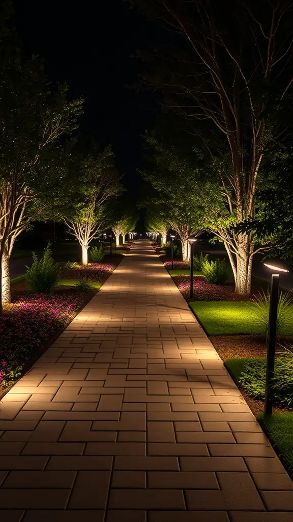 19 Stunning Paver Pathway Ideas to Transform Your Garden 2 A well-lit paver pathway surrounded by trees and flowers at night.