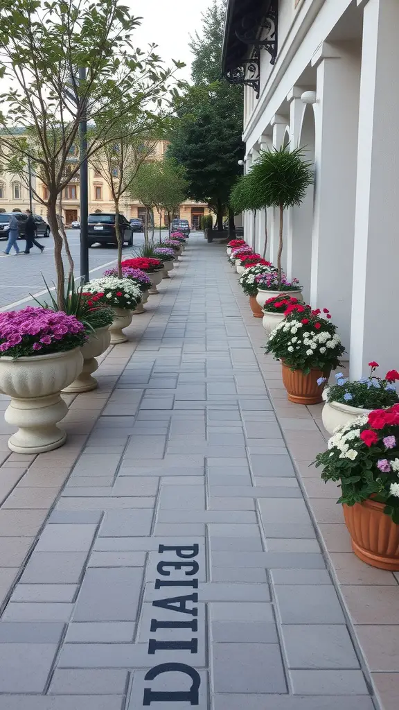 19 Stunning Paver Pathway Ideas to Transform Your Garden 16 A paver pathway lined with colorful flower planters, creating a vibrant outdoor space.
