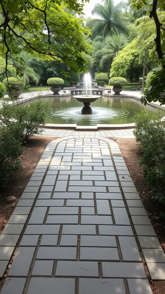 19 Stunning Paver Pathway Ideas to Transform Your Garden 14 A paver pathway leading to a fountain surrounded by greenery