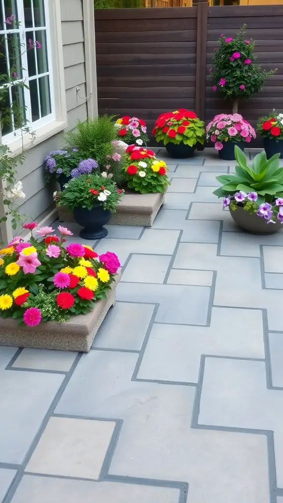 29 Stunning Outdoor Paver Patio Ideas to Transform Your Backyard 14 A paver patio featuring colorful built-in planters filled with flowers.