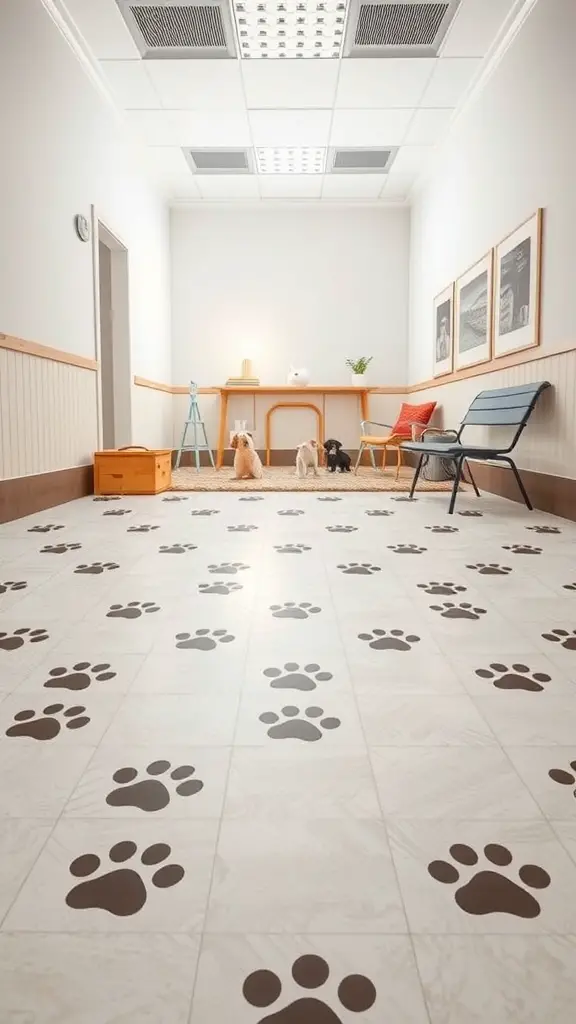A room with paw print flooring, featuring two dogs and a cozy decor.