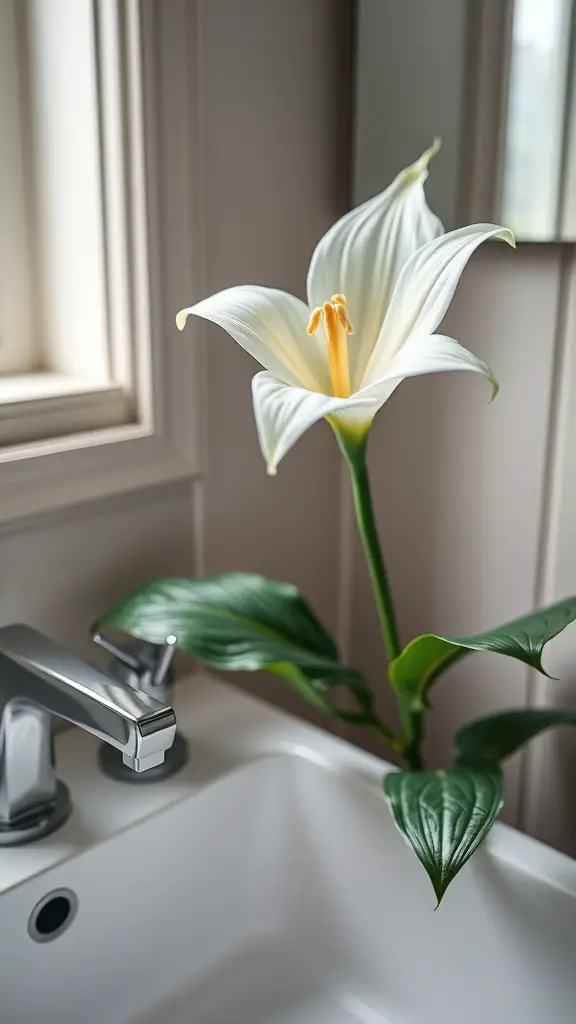 21 Stunning Bathroom Plants for a Fresh and Lively Space 8 A Peace Lily plant with a white flower and green leaves placed near a sink in a bathroom.