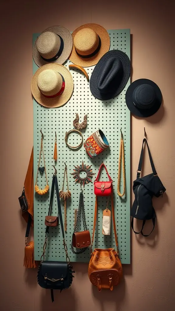 19+ Creative No Closet Solutions for Every Space 12 A pegboard displaying various hats, bags, and jewelry, showcasing an organized and stylish accessory arrangement.