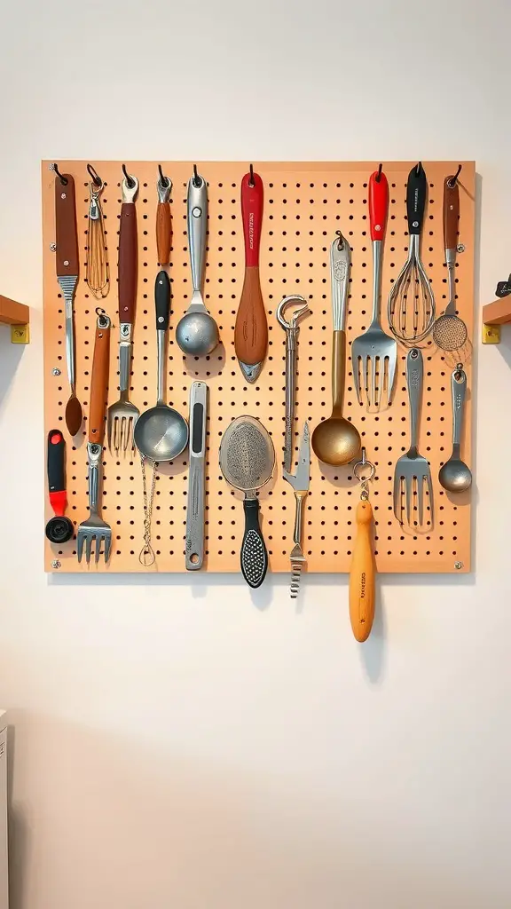 19 Affordable Dollar Tree Kitchen Organization Ideas You Need to Try 17 Pegboard displaying various kitchen utensils organized neatly