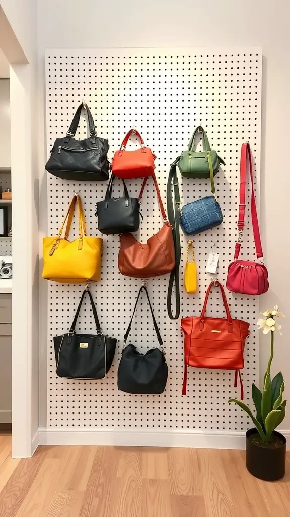 Pegboard display with various handbags in different colors and styles