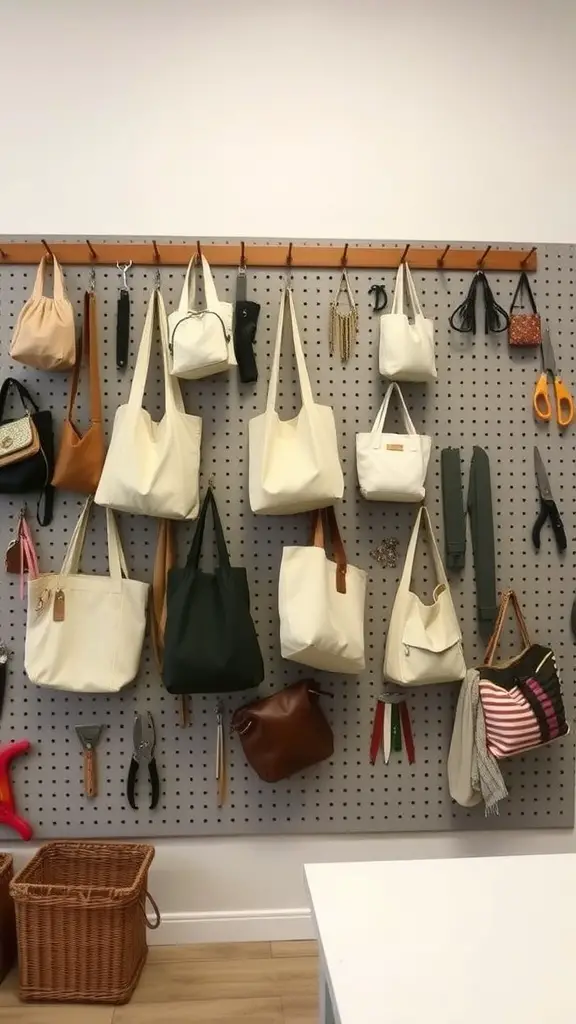 A pegboard wall displaying various bags and tools, showcasing an organized storage solution.