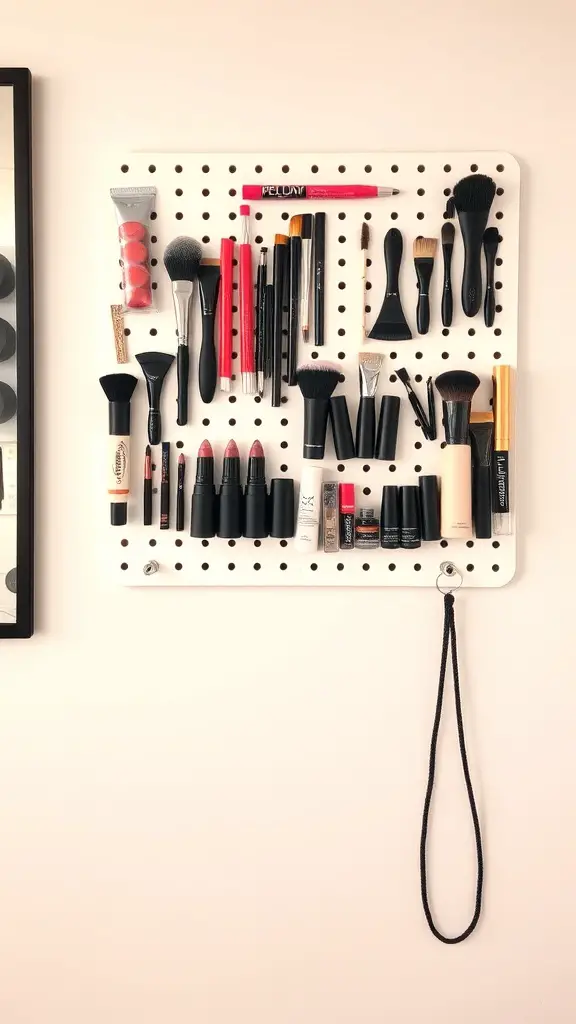 19+Creative Makeup Storage Ideas You Need to Try 11 A pegboard displaying various makeup products including brushes and lipsticks.