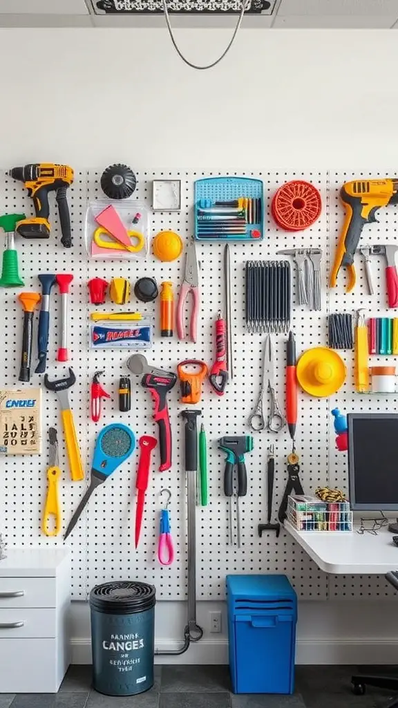 15 Creative Office Storage Ideas to Maximize Space 10 A pegboard filled with various tools and office supplies, showcasing customizable organization.