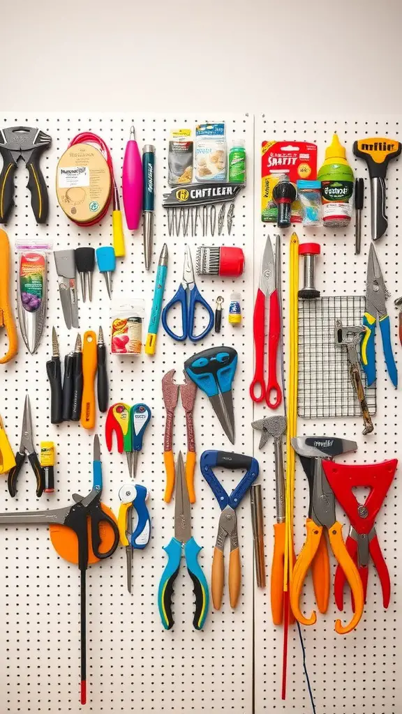 A pegboard filled with various tools and supplies for crafting.