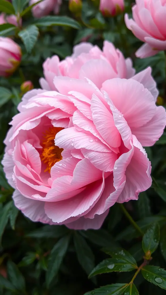 19 Stunning Perennial Plants for Your Garden 9 Close-up of pink peonies with layered petals and droplets of water.