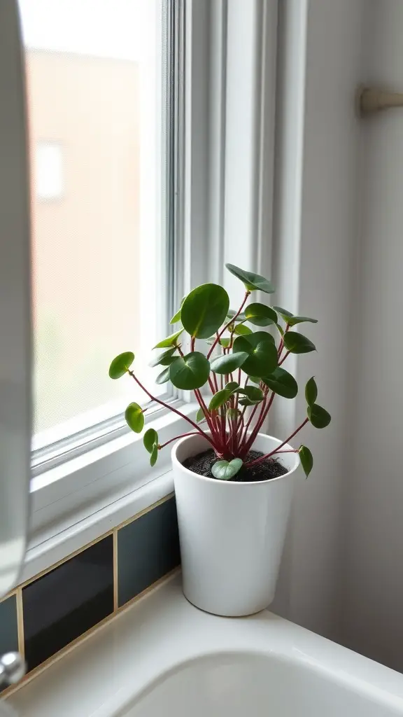 21 Stunning Bathroom Plants for a Fresh and Lively Space 16 A Peperomia plant with round green leaves and red stems in a white pot, placed by a window in a bathroom.