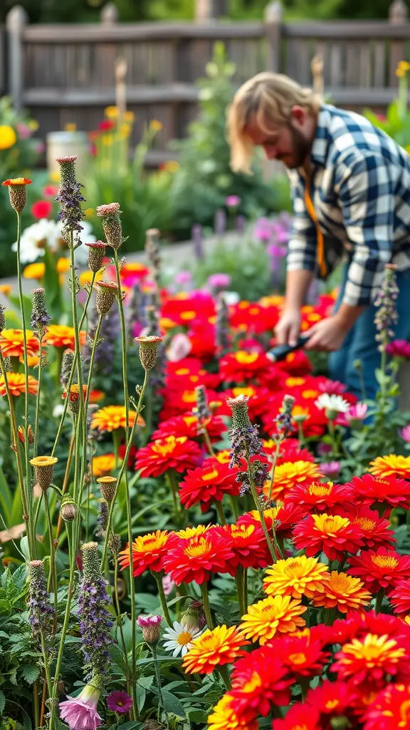 A person tending to a colorful flower bed filled with various perennial flowers.