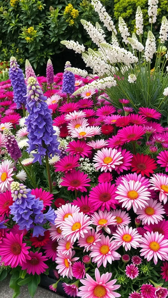 A vibrant flower bed featuring pink daisies, purple delphiniums, and white flowers.