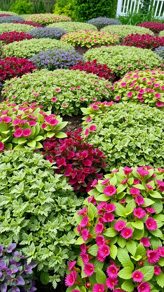 A colorful garden filled with various perennial ground covers, showcasing vibrant greens, reds, and purples.