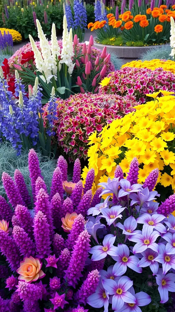 A vibrant display of various perennial flowers in a garden, showcasing a mix of colors and textures.