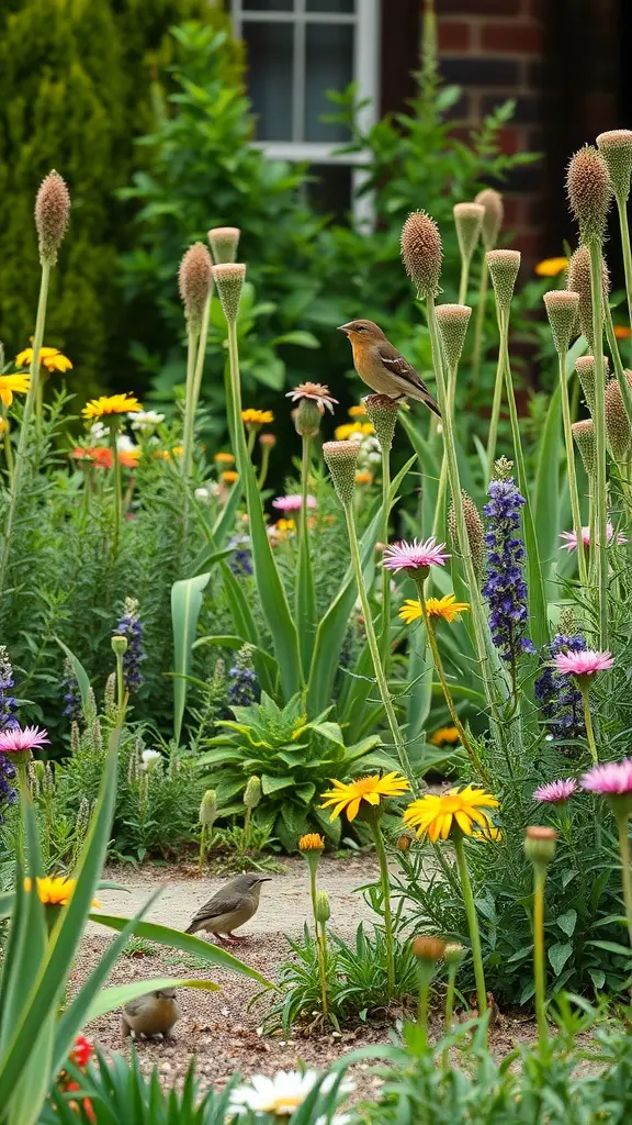 A colorful perennial flower bed with birds among the flowers.