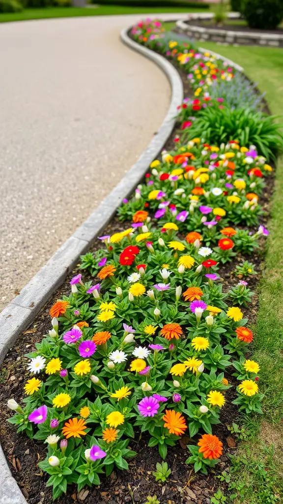 Colorful perennial flower bed along a curved pathway