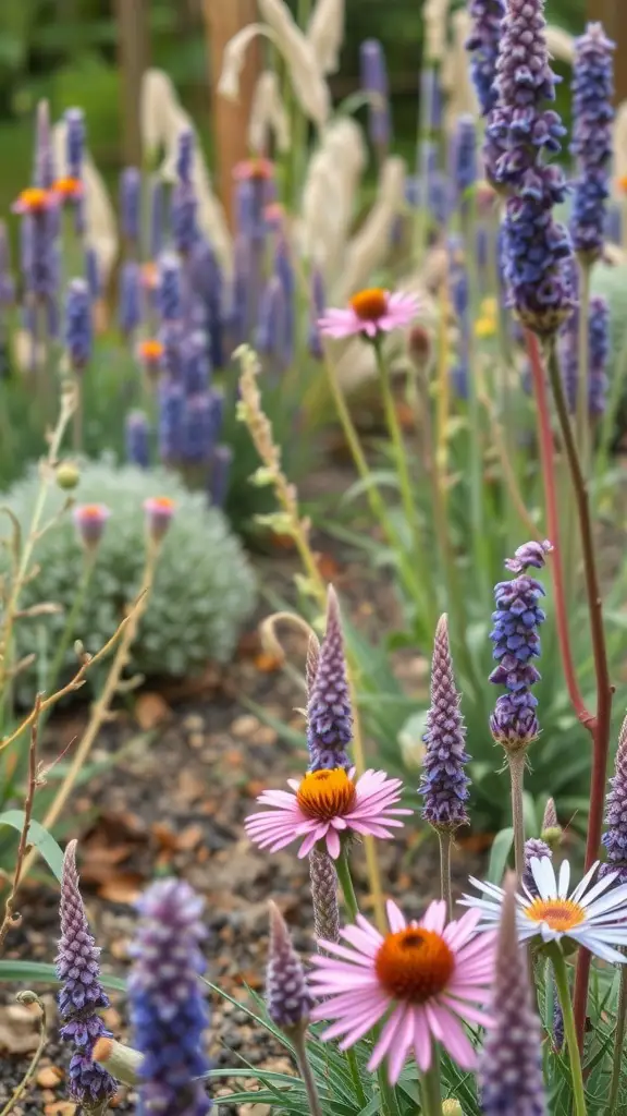 A colorful perennial garden featuring pink and purple flowers, ideal for attracting wildlife.