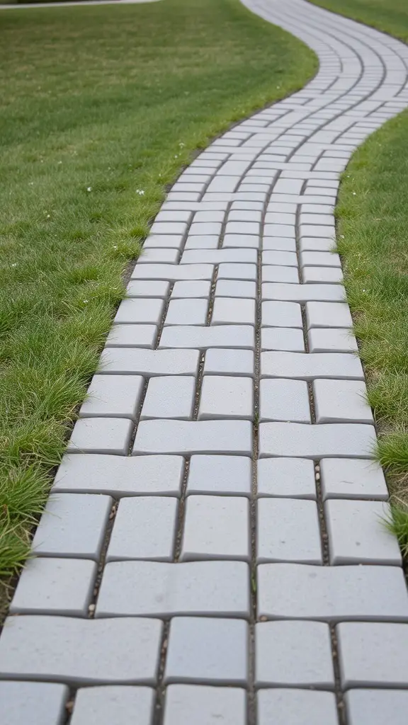 19 Stunning Paver Pathway Ideas to Transform Your Garden 5 A winding pathway made of light-colored permeable pavers surrounded by grass.