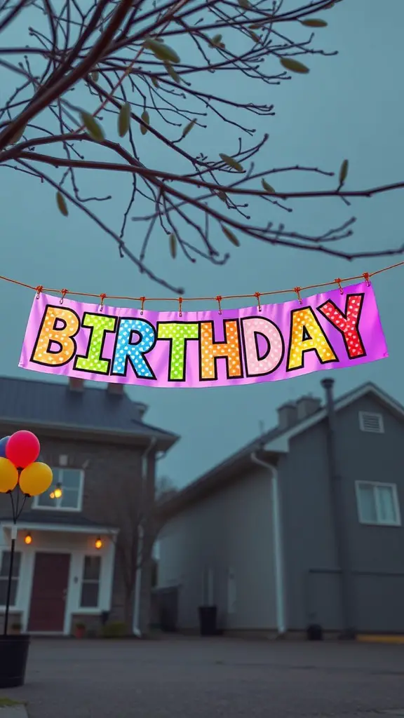27+ Creative Birthday Decoration Ideas for an Unforgettable Celebration 6 A colorful birthday banner saying 'BIRTHDAY' hanging outside a house with balloons nearby.
