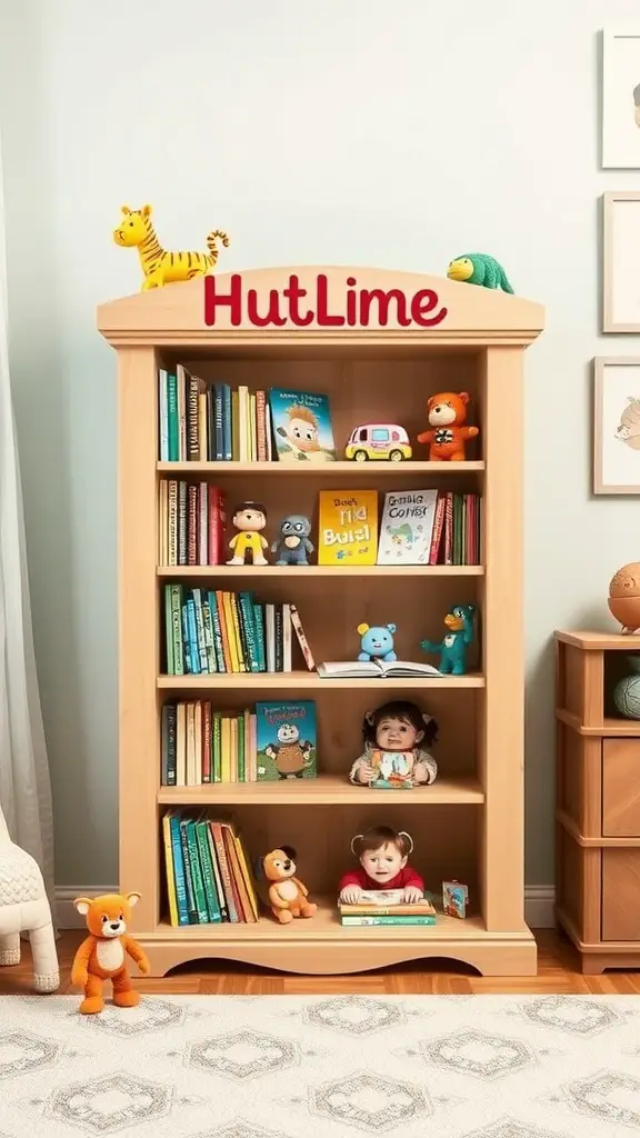 A personalized bookcase named 'HutLime' filled with books and toys, featuring a child peeking out from the shelf.