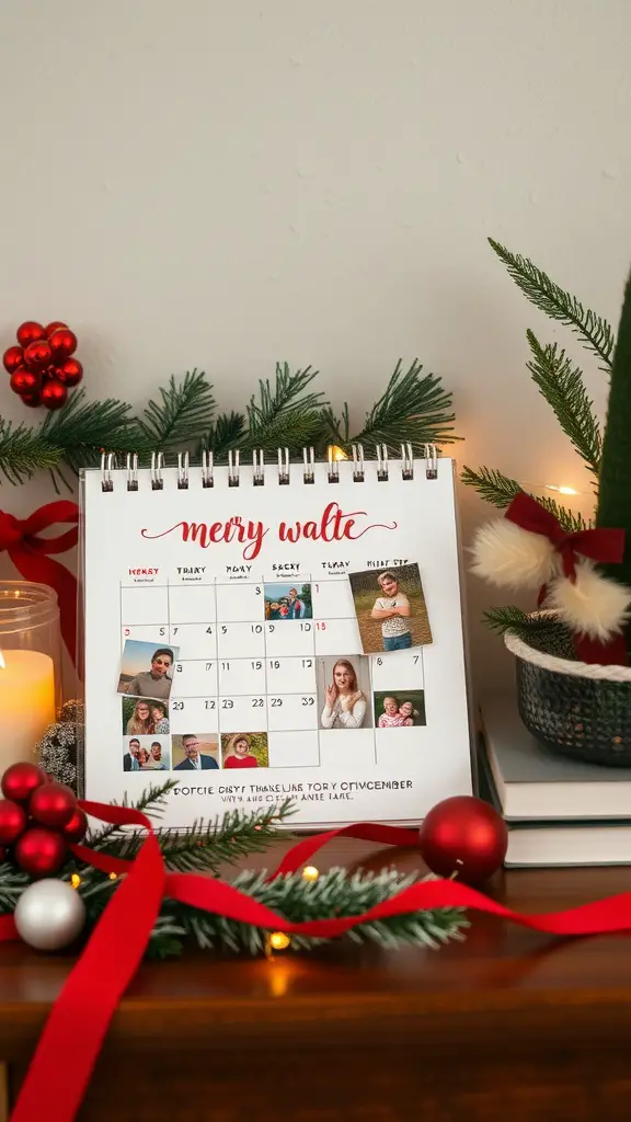 A personalized calendar with photos and holiday decorations on a table.
