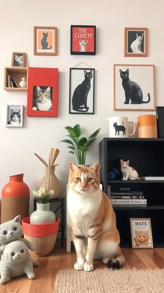 17 Purrfect Cat Apartment Ideas for Happy Felines 14 A cozy apartment corner featuring cat-themed decor, including framed cat portraits, a friendly orange cat, and colorful vases.