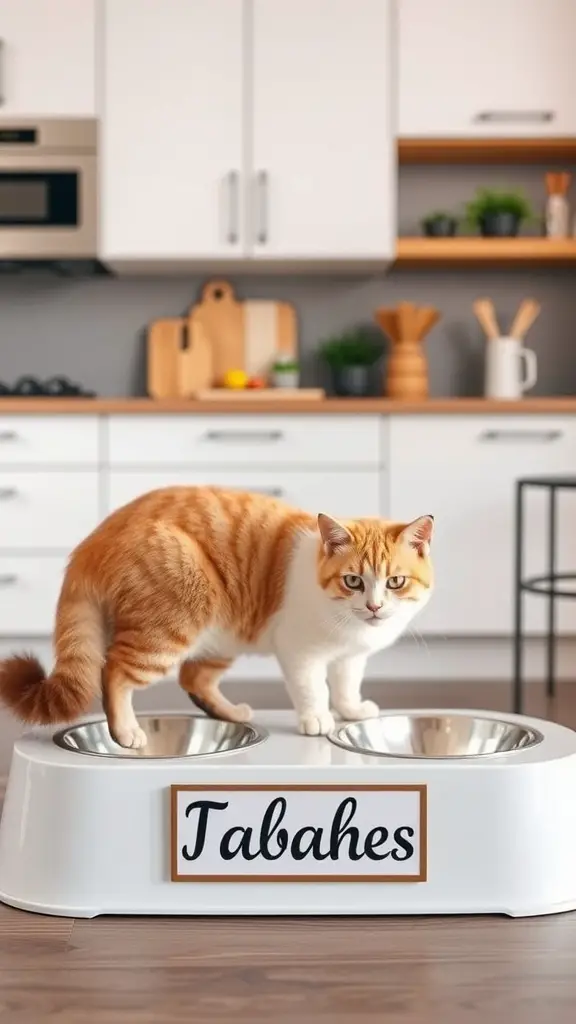 17+ Purr-fect DIY Projects for Cat Lovers 8 An orange tabby cat on a personalized feeding station with two bowls and a name sign.