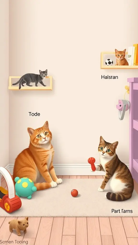 15 Creative Cat Room Ideas You’ll Love 15 A cozy cat room with three cats, playful toys, and shelves for climbing.