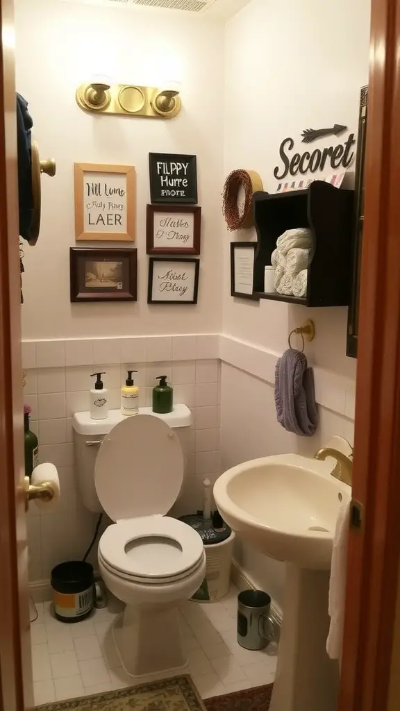 19 Stunning Small Full Bathroom Ideas for Maximum Style 12 A small bathroom with personalized decor including framed signs, towels, and a cozy atmosphere.