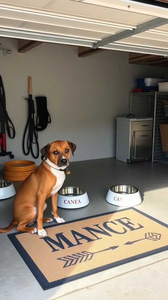 17+ Creative Dog Room Ideas for Your Garage 9 A dog sitting on a mat in a garage with personalized feeding bowls.