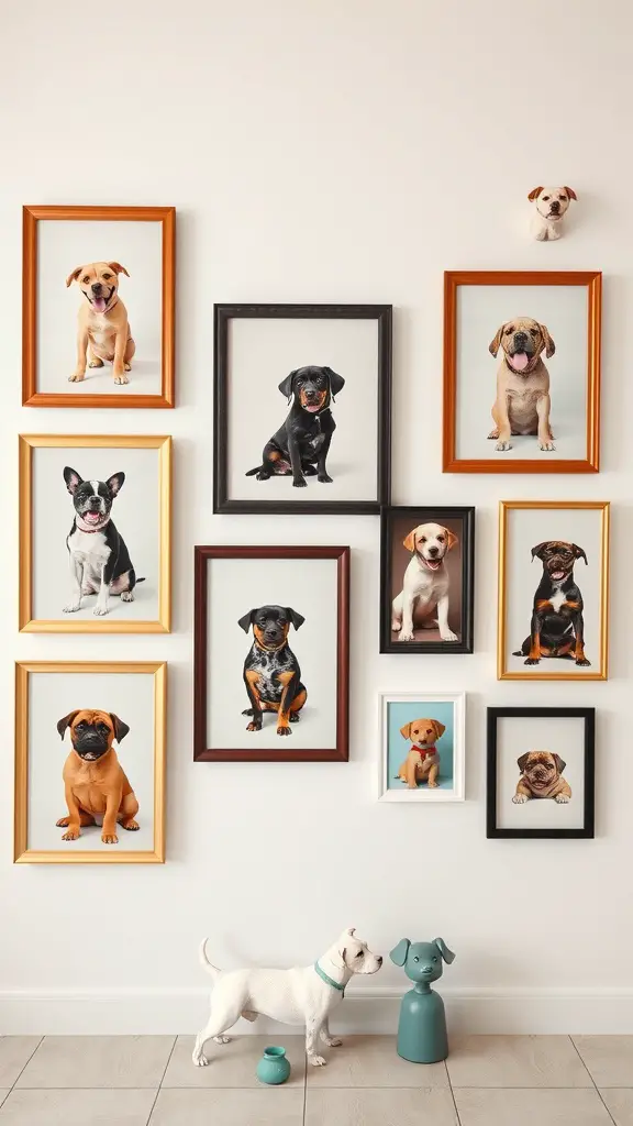 19+ Unique Dog Corner Ideas to Elevate Your Pet's Space 11 A wall displaying a personalized dog photo gallery with various dog portraits in different frames.