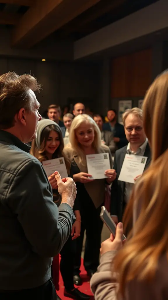 17 Creative Silent Auction Ideas to Boost Your Fundraising Event 5 A group of people engaged in conversation at a silent auction event, holding certificates and listening attentively to a speaker.