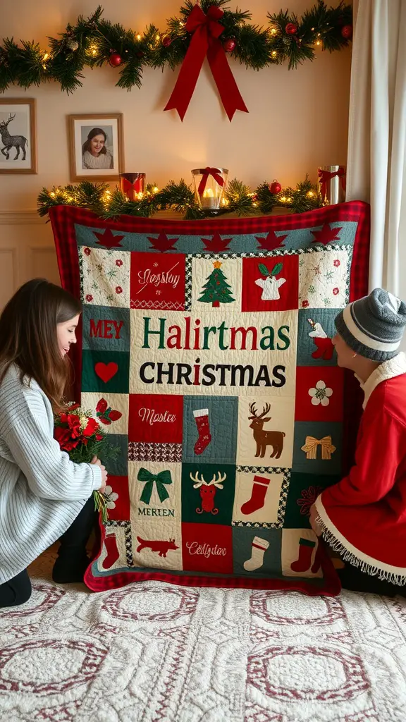 Two people admiring a personalized Christmas quilt with festive designs and family names.