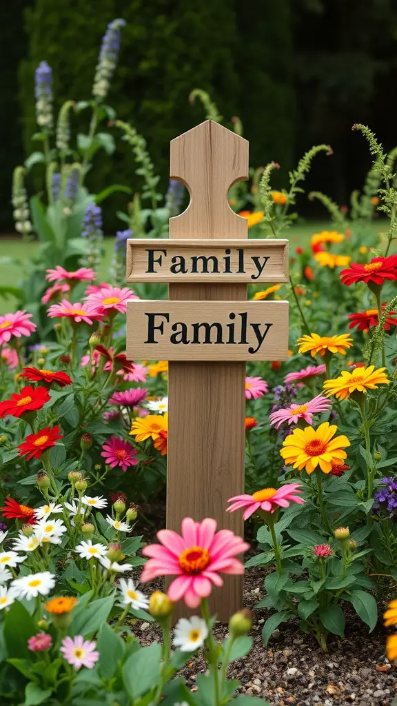 19 Stunning Garden Totems to Elevate Your Outdoor Space 13 Wooden totem with the word 'Family' surrounded by colorful flowers in a garden