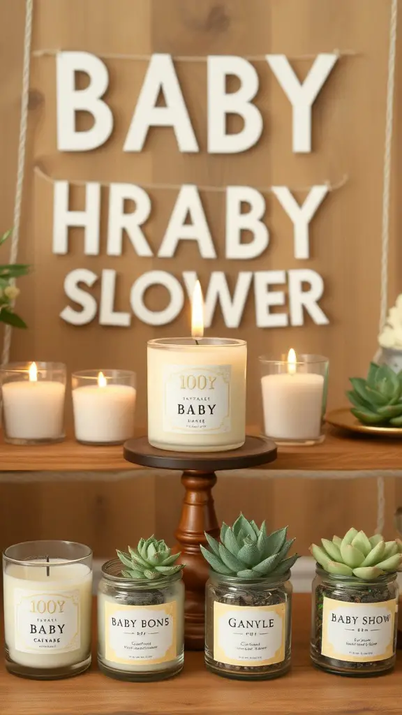23 Creative Baby Shower Ideas for October Celebrations 17 Personalized baby shower favors including candles and succulents on a wooden shelf.