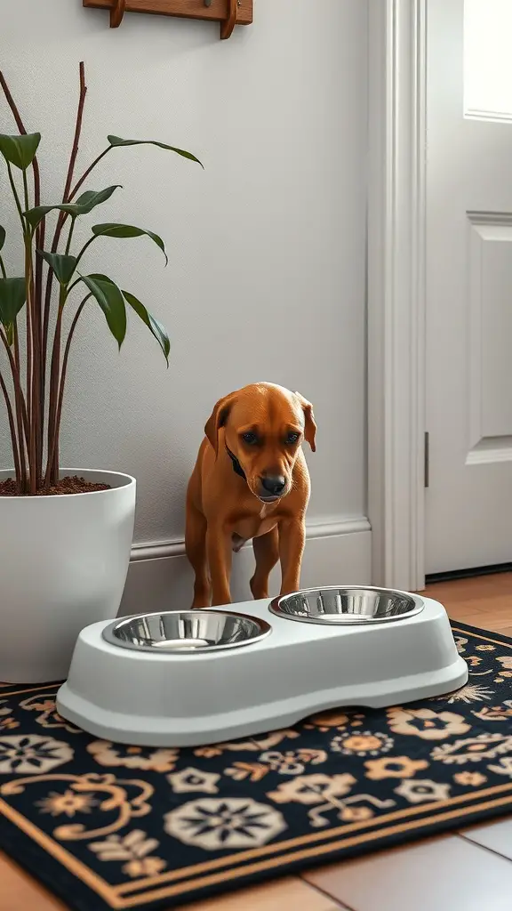 A small dog next to a stylish feeding station with two bowls on a decorative mat.