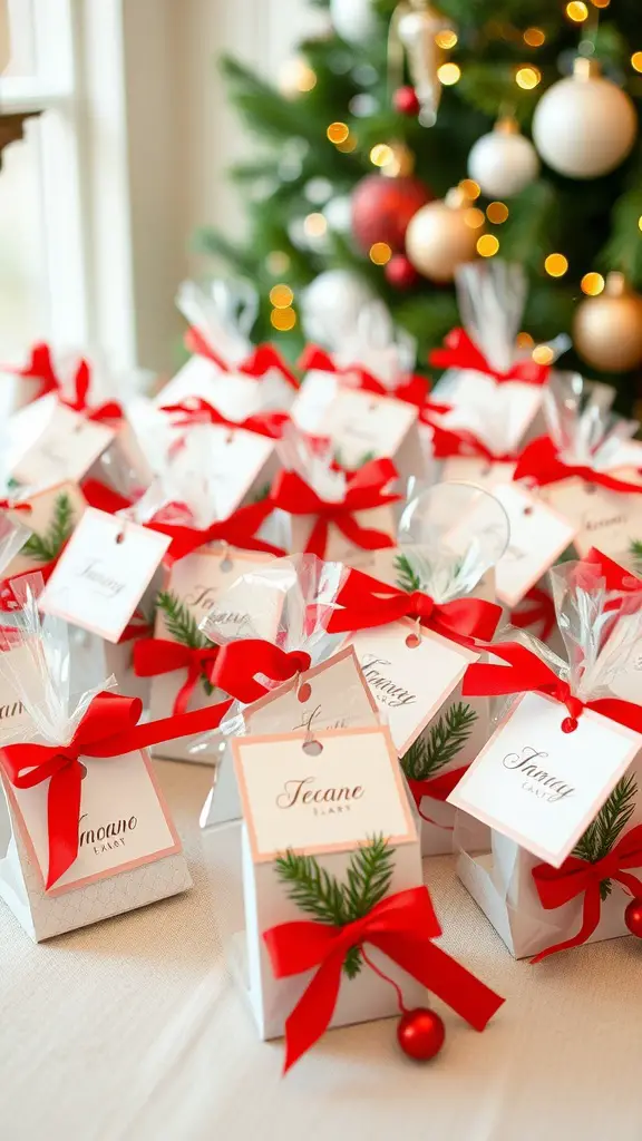 Personalized holiday favors in festive boxes with red ribbons and greenery
