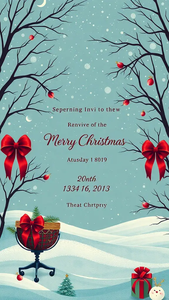 19+ Stunning Christmas Wedding Ideas You Need to See 13 A festive Christmas wedding invitation design featuring snowflakes, trees, and decorative bows.