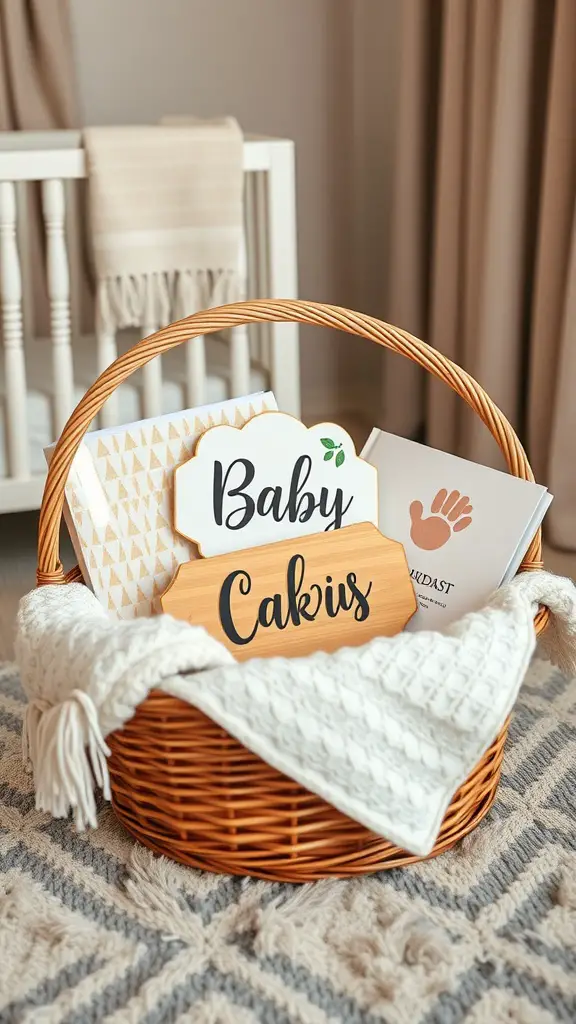 21 Thoughtful Baby Shower Basket Gift Ideas 17 A personalized baby shower keepsake basket with a wooden sign, handprint kit, and a soft blanket.