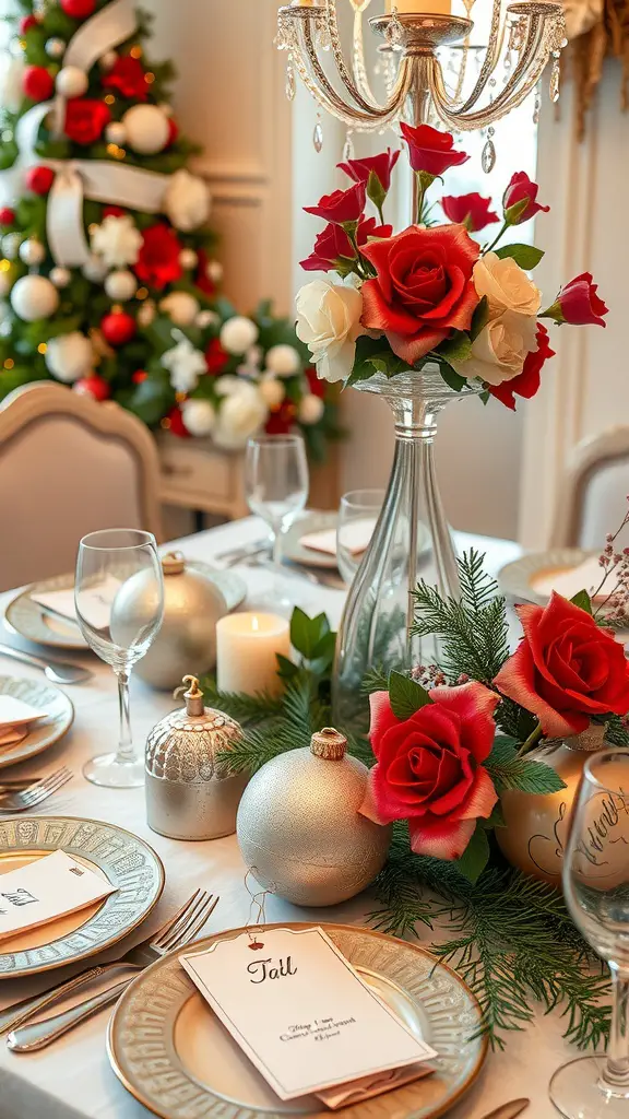 A beautifully arranged Christmas wedding table setting featuring personalized ornament place settings, red roses, and silver decorations.