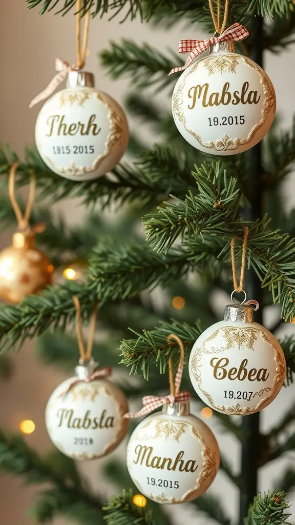21+ Creative Christmas Decoration Ideas for a Festive Home 13 Personalized Christmas ornaments with names and dates hanging on a Christmas tree.