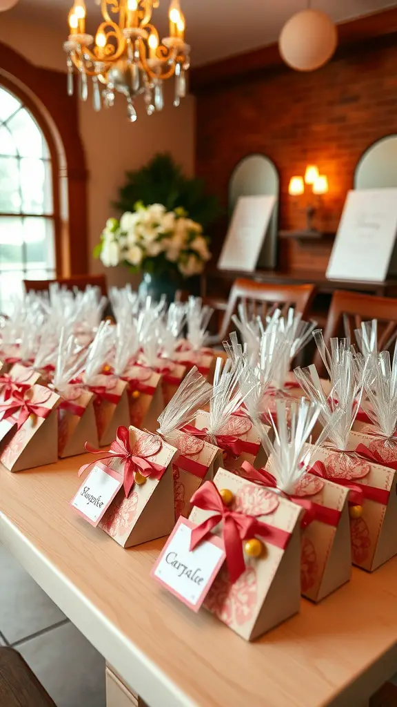 15 Must-Have Essentials for the Perfect Backyard Garden Party 17 A table with personalized party favor boxes, each with a ribbon and name tag, set in a cozy indoor space.