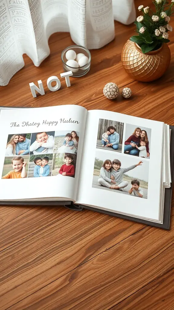 An open personalized photo album displaying various family photos on a wooden table.