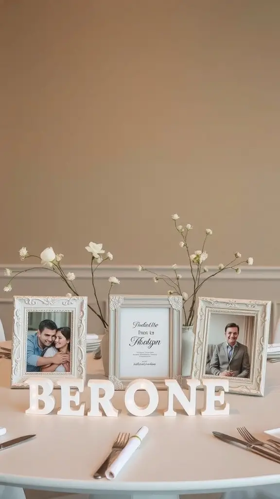 23 Stunning Dollar Tree Centerpieces You Can DIY 15 A table centerpiece featuring personalized photo frames, flowers, and a decorative sign spelling 'BER ONE'.