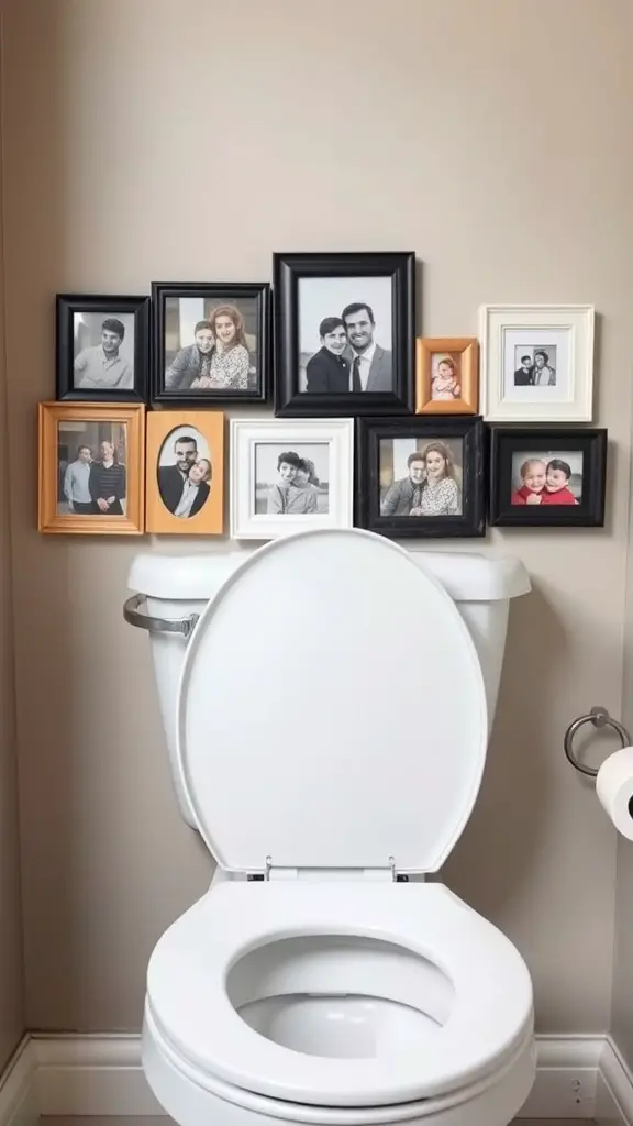 23+Chic Back of Toilet Decor Ideas to Transform Your Bathroom 13 A collection of personalized photo frames displayed above a toilet, featuring various family and friend portraits.